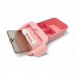 لانش بوكس بينتو وردي مزدوج الطبقات بغطاء شفاف وحافظة أدوات مائدة