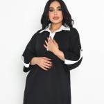 فستان ميدي بياقة متباينة - أسود