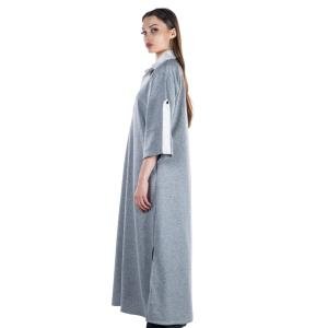 فستان ميدي كاجوال بياقة متباينة - رمادي فاتح