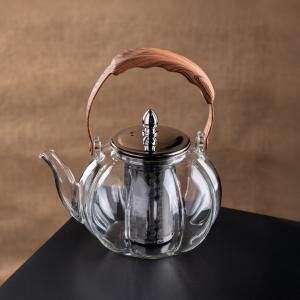 إبريق شاي زجاجي أنيق مع مقبض خشبي ومصفاة ستانلس ستيل