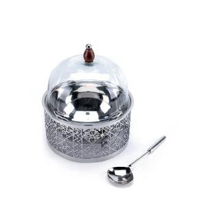 وعاء تقديم هندي عميق بتصميم محفور بالليزر مع غطاء زجاجي وملعقة