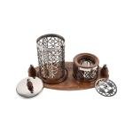 طقم مبخرة خشبي وفضي - قطعتين