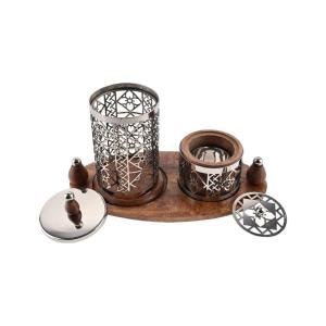 طقم مبخرة خشبي وفضي - قطعتين