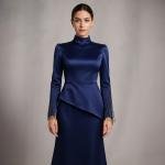 فستان ساتان نسائي ملكي برقبة عالية وتفاصيل خرز على الأكمام أناقة للمناسبات