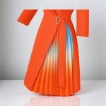 فستان لف نسائي بتنورة متصلة بكسرات وتدرج لوني-برتقالي