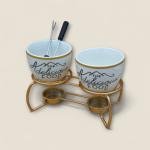 طقم الفوندو المكون من 5 قطع – بوعاءين من السيراميك وحامل معدني وشوكتين