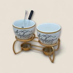 طقم الفوندو المكون من 5 قطع – بوعاءين من السيراميك وحامل معدني وشوكتين