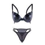 طقم حمالة صدر من الجلد الصناعي الأسود وثونغ شبكي