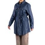 قميص دنيم نسائي مع خصر بحزام وأزرار أمامية