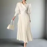 Wrap Pleated Midi Dress with Puff Sleeves and Waist Tie Detail