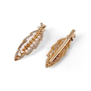 طقم مشابك شعر بتصميم ورقة مع اللؤلؤ وأحجار الراين