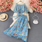 Floral Puff Sleeve Wrap Top & Pleated Maxi Skirt Co-Ord Set with Smocked Waist