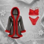 طقم لانجيري VIP بثلاث قطع من الشبك الشفاف مع روب بحواف من الفرو الصناعي وحمالة صدر وملابس داخلية دانتيل