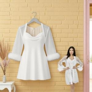 في آي بي روب شيف من شبكة حريرية وفساتين ساتان مع أكمام فرو أناقة فاخرة للنوم والاسترخاء