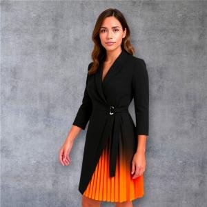 فستان لف نسائي مع تنورة متصلة بكسرات برتقالية