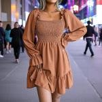 فستان سهرة مكشكش بأكمام منتفخة رقبة مربعة قصة قصيرة وواسعة