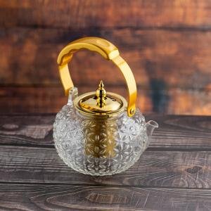 إبريق شاي زجاجي بنقشة زهور مزخرفة ولمسات ذهبية