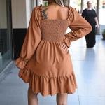 فستان سهرة مكشكش بأكمام منتفخة رقبة مربعة قصة قصيرة وواسعة