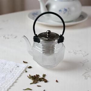 إبريق شاي زجاجي سداسي مع غطاء من الفولاذ المقاوم للصدأ ومصفاة