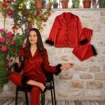 طقم بيجامة VIP مزين بالريش من الساتان